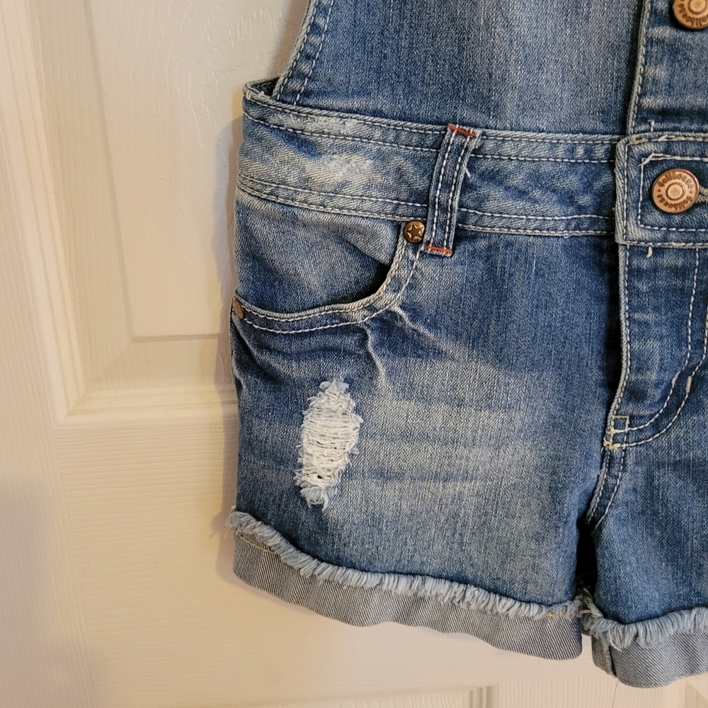Medium wash denim blue distressed overall romper shortalls overalls Dollhouse XS - Picture 6 of 11
